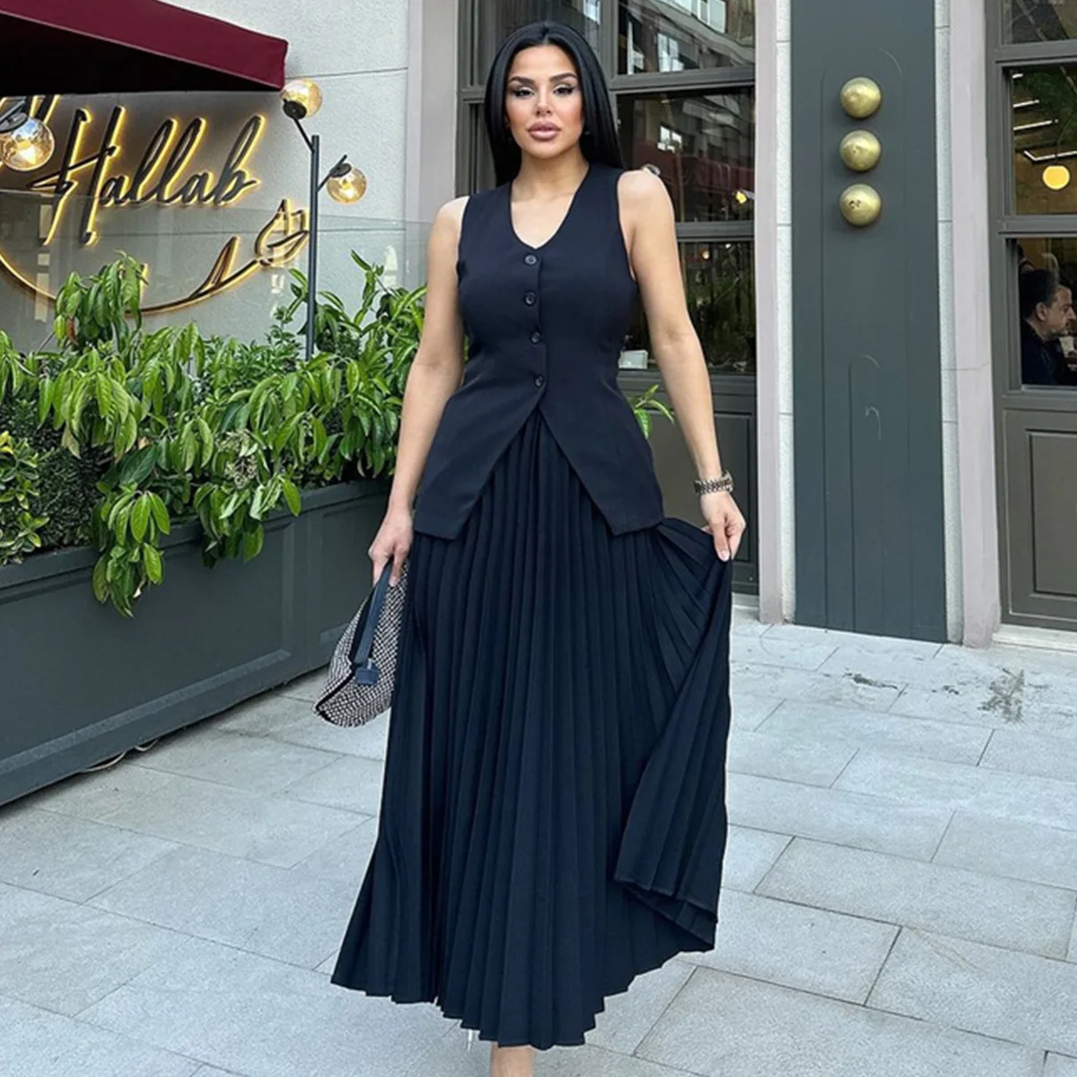 Luxury Two Piece Outfits for Women Dress Summer V-neck Black Tops Elegant Ruffle Skirt Sets Maxi Long Dress Girls Streetwear