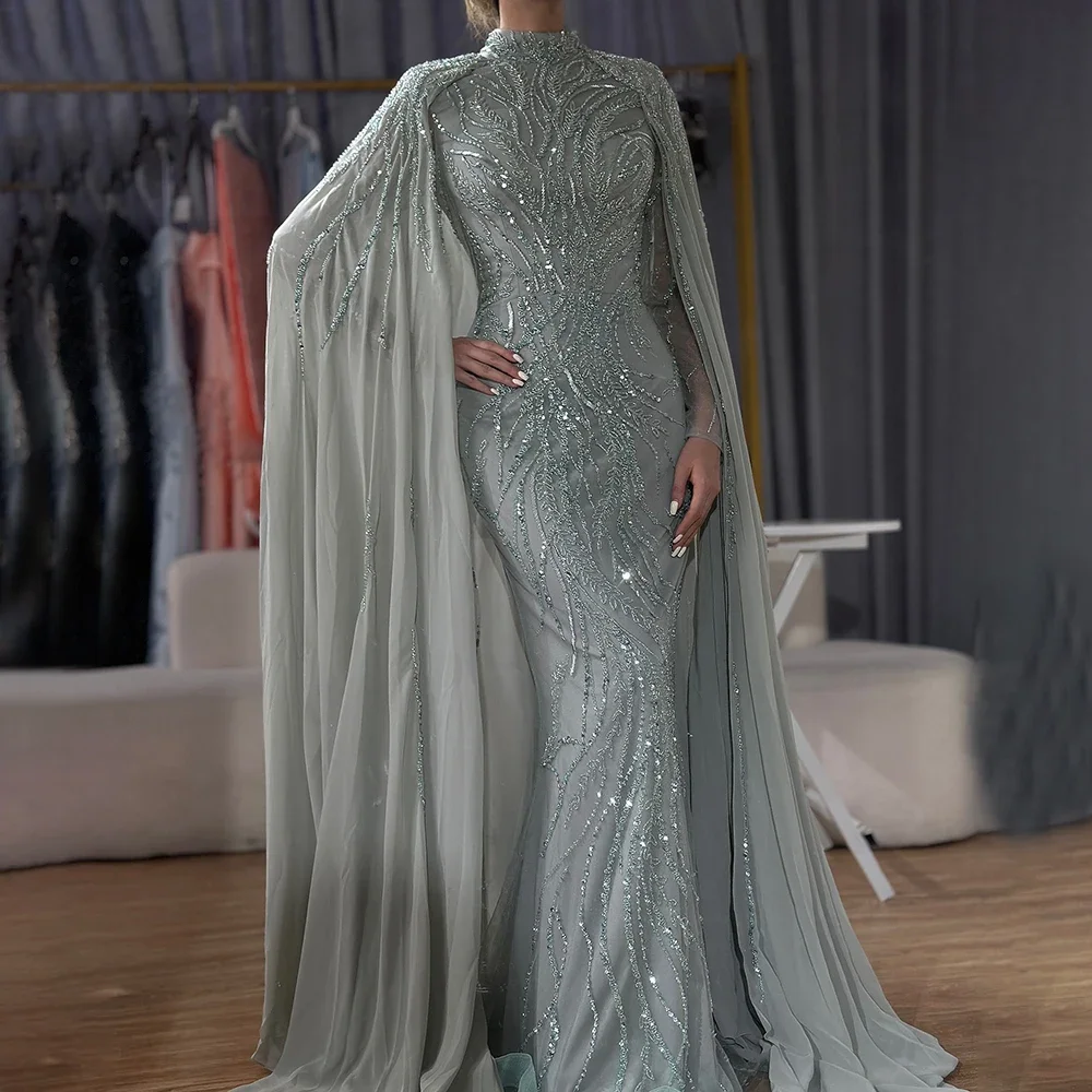 Serene Hill Muslim Sage Green Mermaid Long Cape Beaded Satin Luxury Evening Dresses Gowns For Women Party 2025 CustomizBLA72413A