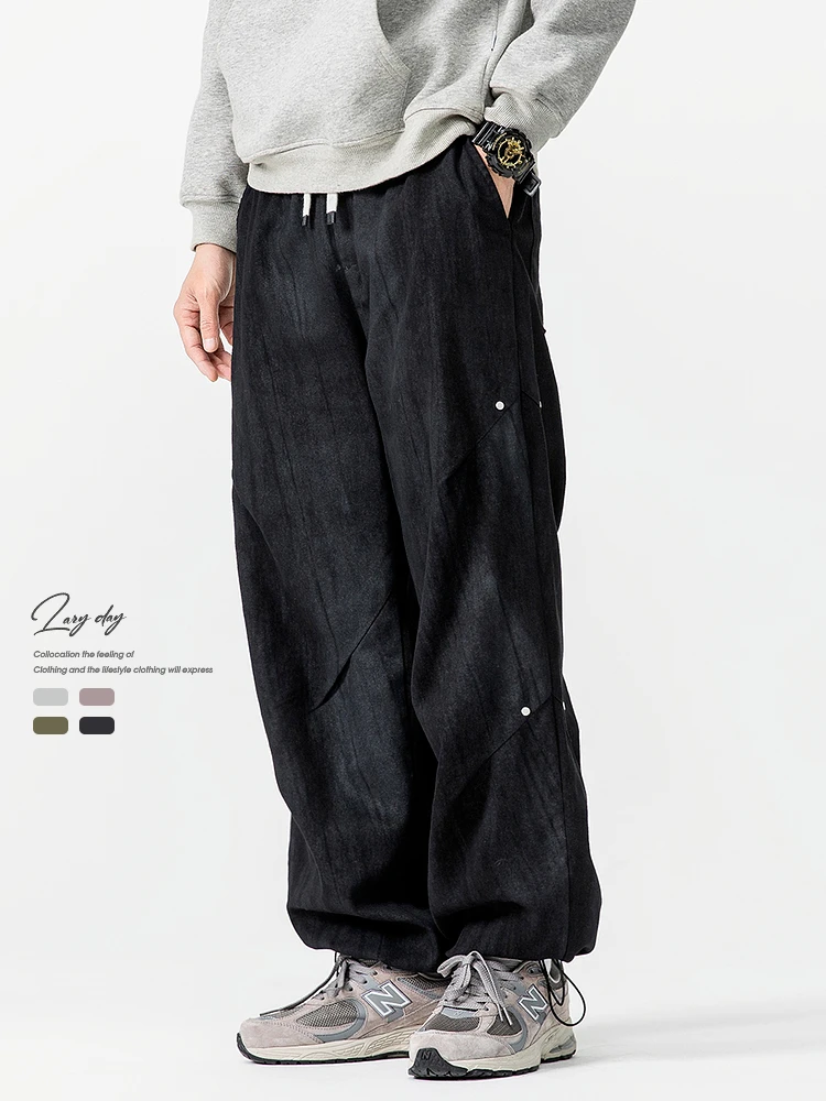

LAZY DAY Original Men's Casual Pants American Retro Sle Rivet Decorated Dstring Wide Leg Leisure Trousers for Youth