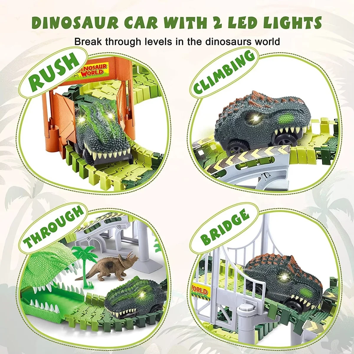 Pistas de dinossauro 244 peças criam um mundo de dinossauro, conjunto de trilhos de trem com carros de corrida e brinquedos de dinossauro, presentes de natal para crianças