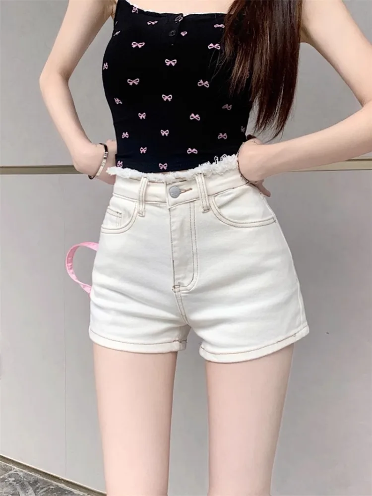 ADAgirl Bow Embroidery Cowboy Shorts for Women Washed High Waisted Wide Leg Short Pants Summer Sexy Girl Fashion Slim Jeans Chic