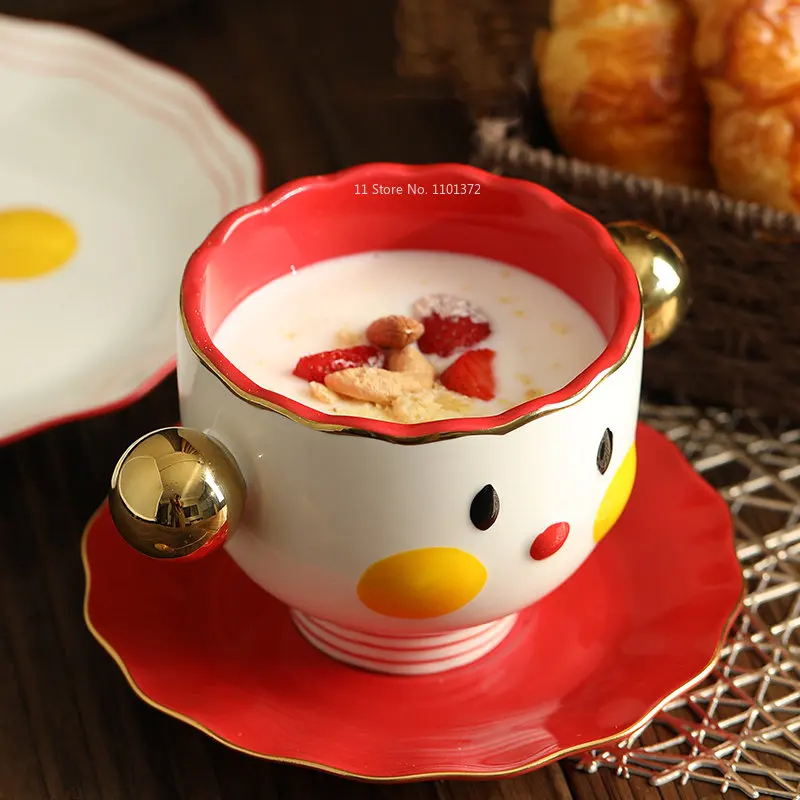 Cute Breakfast Bowl and Plate Set Good-looking Household Ceramic BowlCartoon Milk Oatmeal Cup Afternoontea Snack Tray Coffee Cup