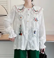 Japan Style Sweet Mori Kei Girls Loose Lace Patchwork Cotton Shirts/Blouses Women Cartoon Embroidery Blouses Tops Female