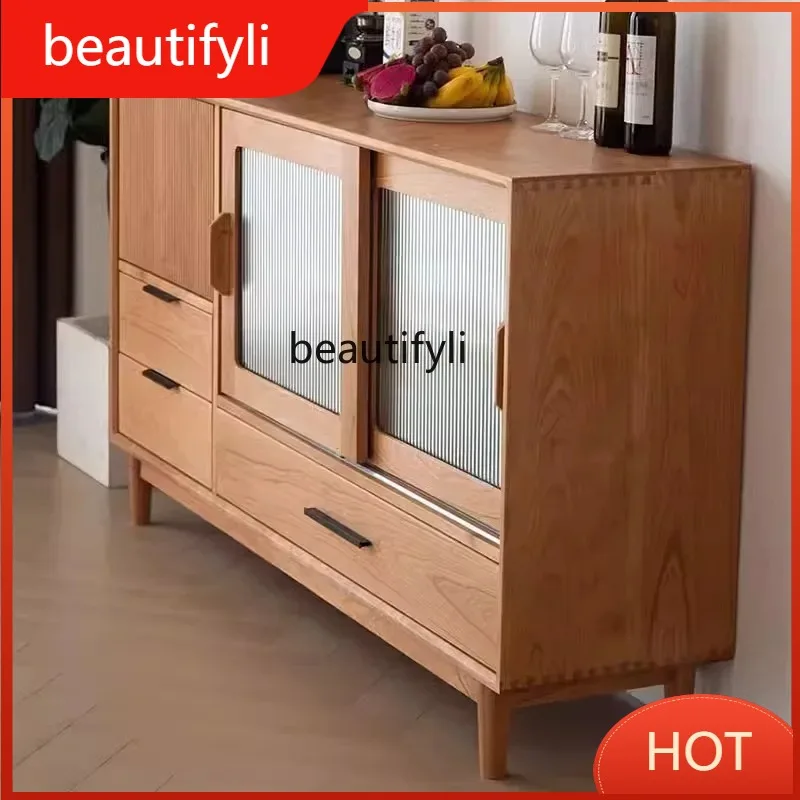 A139 Nordic Solid Wood Sideboard Simple Living Room Entryway Storage Cabinet Japanese Style Glass Tea Storage Cabinet