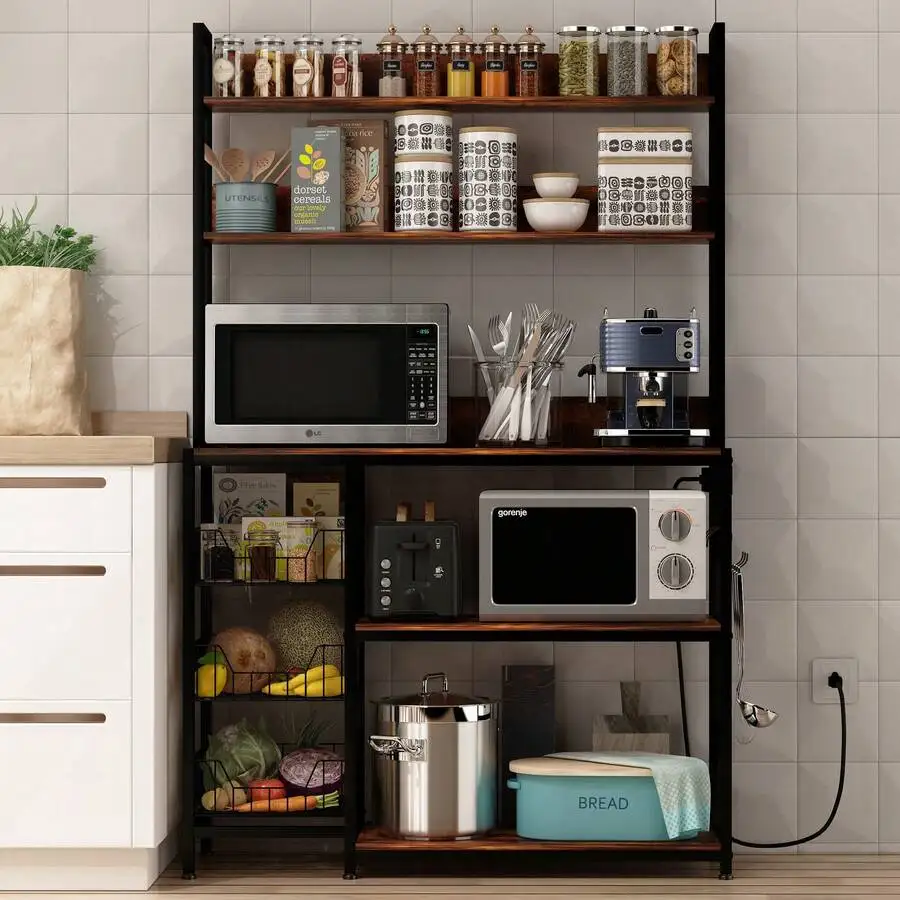 5-Tier Kitchen Bakers Rack With Power Outlets, Microwave Stand, 3 Baskets And Hooks,Kitchen Organizer,Kitchen Storage Rack, Coffee Bar Station,Rust Brown/Grey