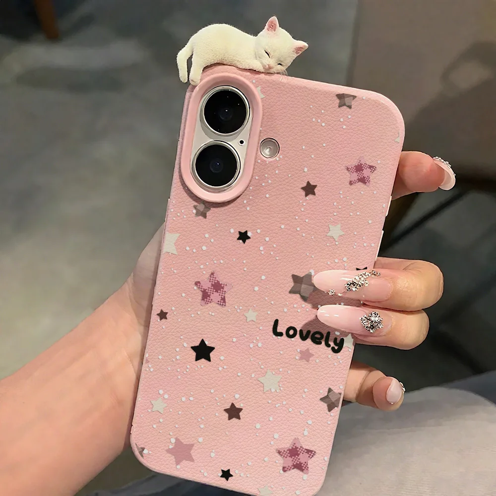 Stern mit 3D süßer Katze Lychee Muster Ledertasche für iPhone 17 15 11 13 12 14 16 Pro Max Air 15 16 Plus stoßfeste Softcover
