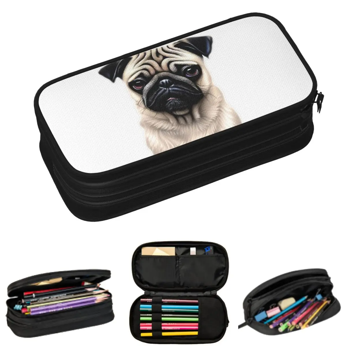 Estojos de Lápis de Cachorrinho Pug Fofo para Estudantes, Estojo Escolar Grande para Canetas e Lápis