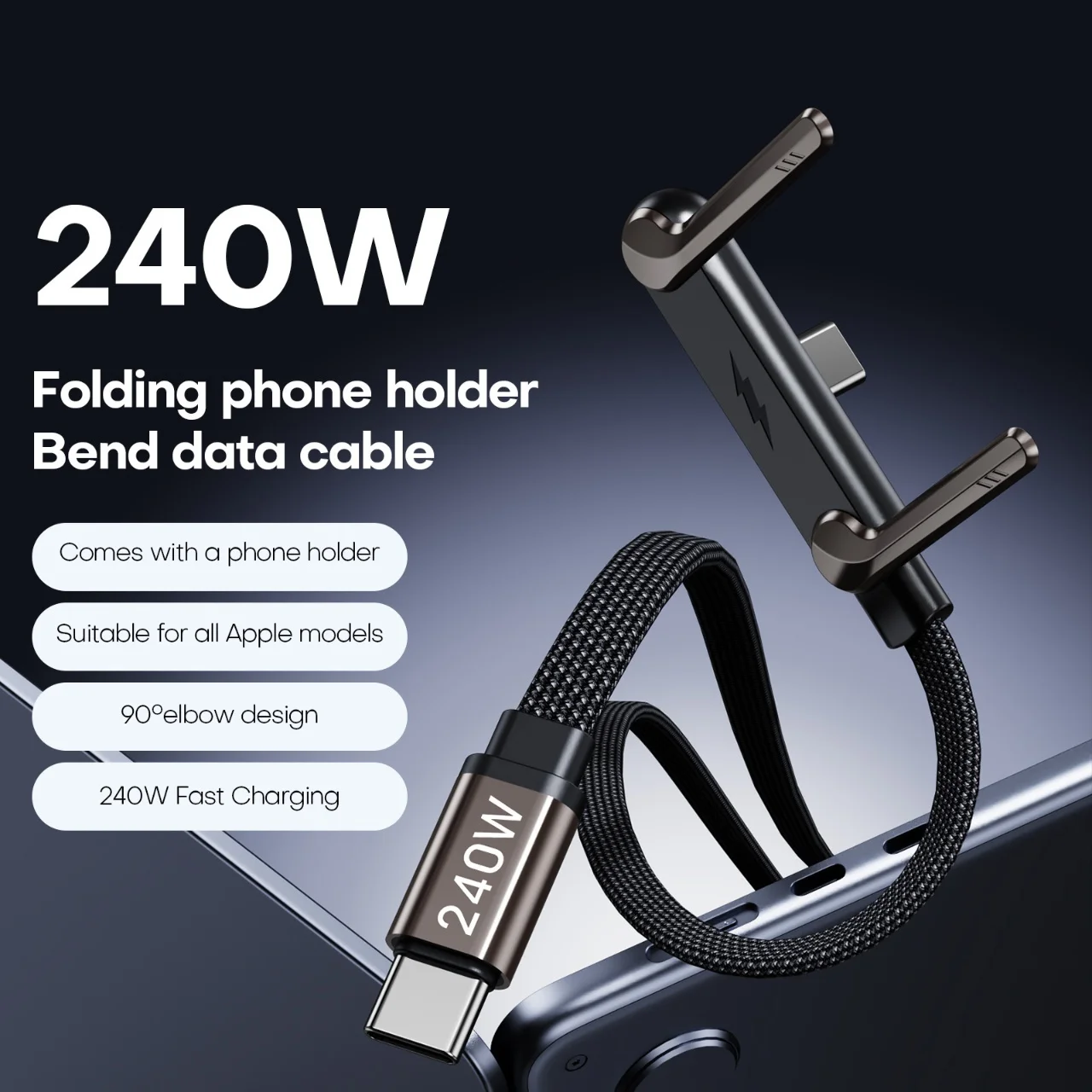 240W PD Fast Charging Type C to Type C Cable USB A to Type C Cable with Foldable Stand Phone Holder for iPhone Xiaomi HUAWEI - view 6