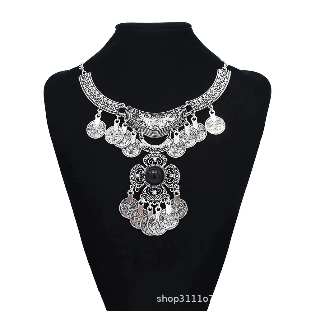 Boho Vintage Silver Imitation Turquoise Bib Necklaces Coins Pendant Women Gypsy Choker Collar Statement Ethnic Jewelry Accessory