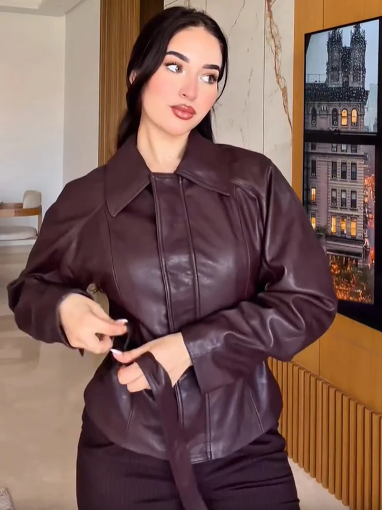 Modern Cool Faux Leather Jacket Tie Waist Relaxed Fit Ladies Coat Fall Party Nightout Edgy Female Fashion Outerwear