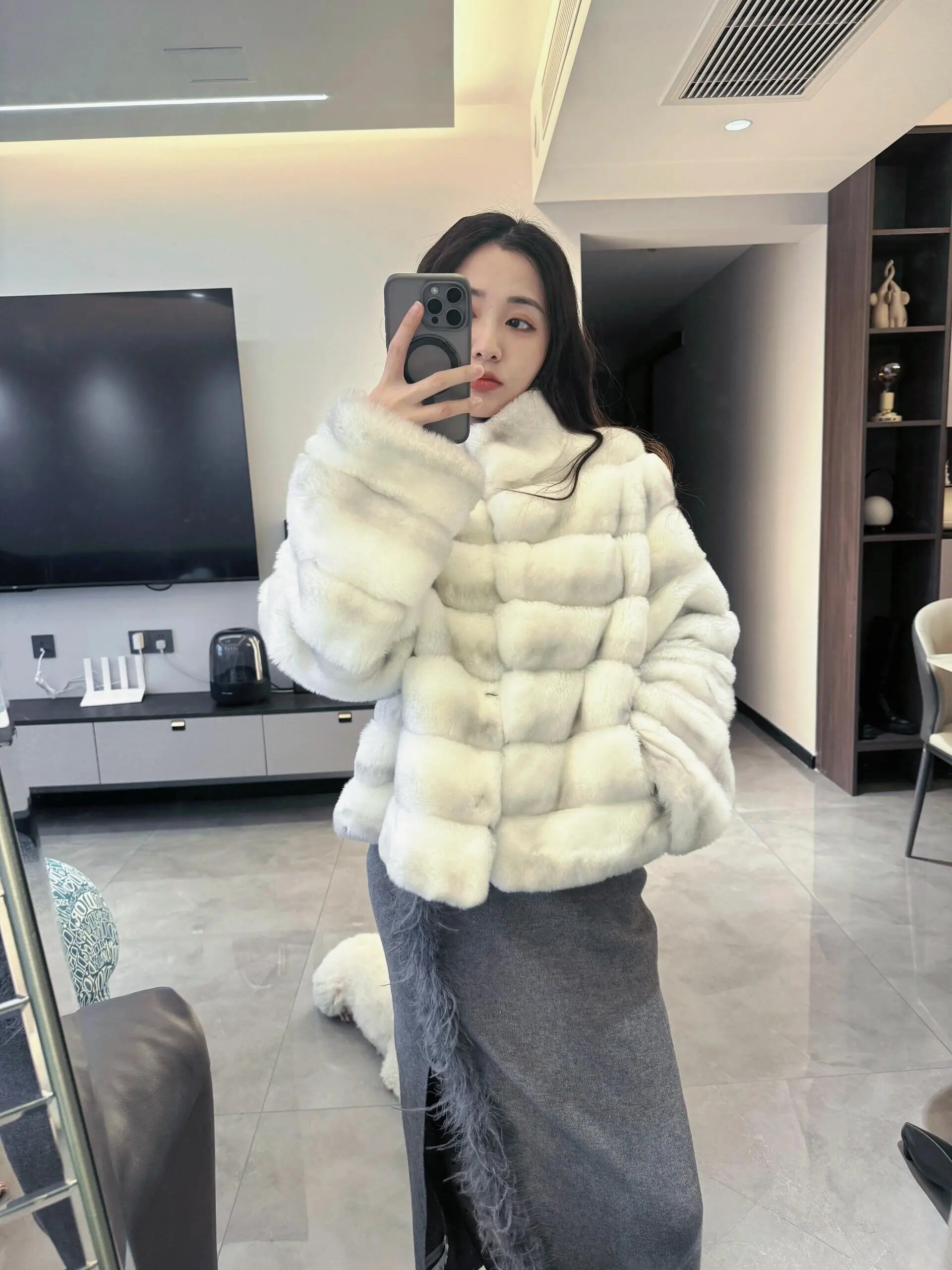BFFUR Women's Coat Real Rex Rabbit Gradient Gray White Fur Coat Lapel Collar Women Luxury Winter Natural Rabbit Fur Coats