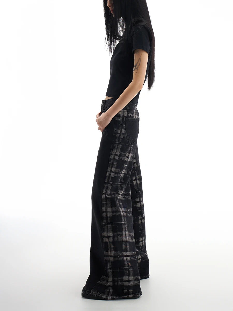 

Американские ретро клетчатые цветные джинсовые брюки женские свободные утягивающие драпированные повседневные широкие длинные брюки с высокой талией на молнии