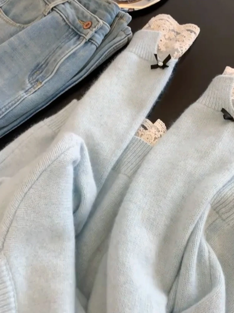 الخريف الشتاء شيك اللون بلو تصميم طويل Sve Camere سترة مستديرة Ne overhead الدافئة محبوك أعلى الدانتيل الربط تحسس F... #3