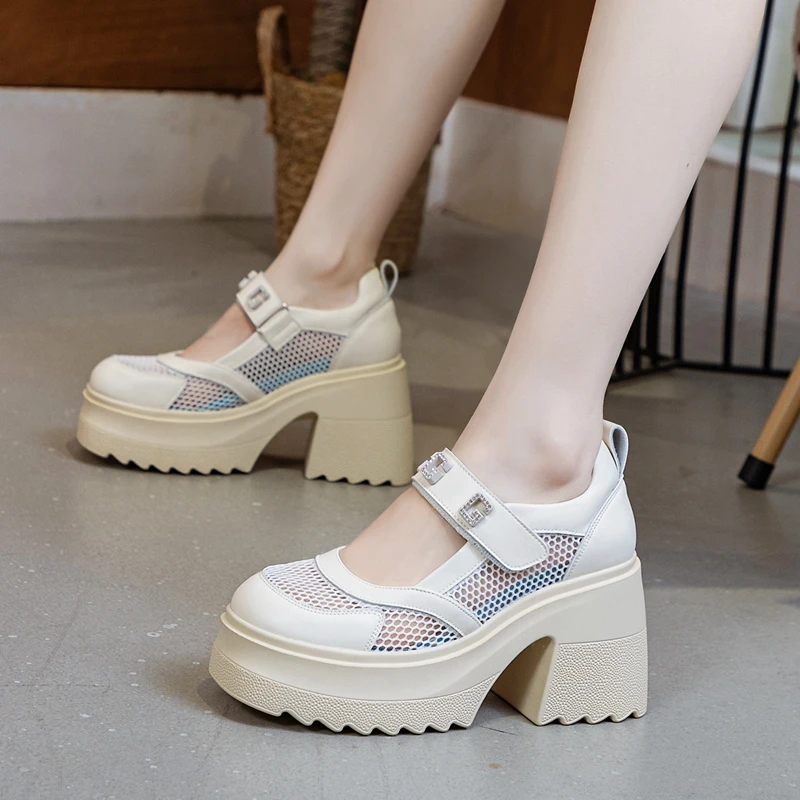 AUTUSPIN New Arrival Women Mary Janes Pumps Summer Round Toe Leather Mesh High Platform Shoes Female Sweet Crystal Block Heels