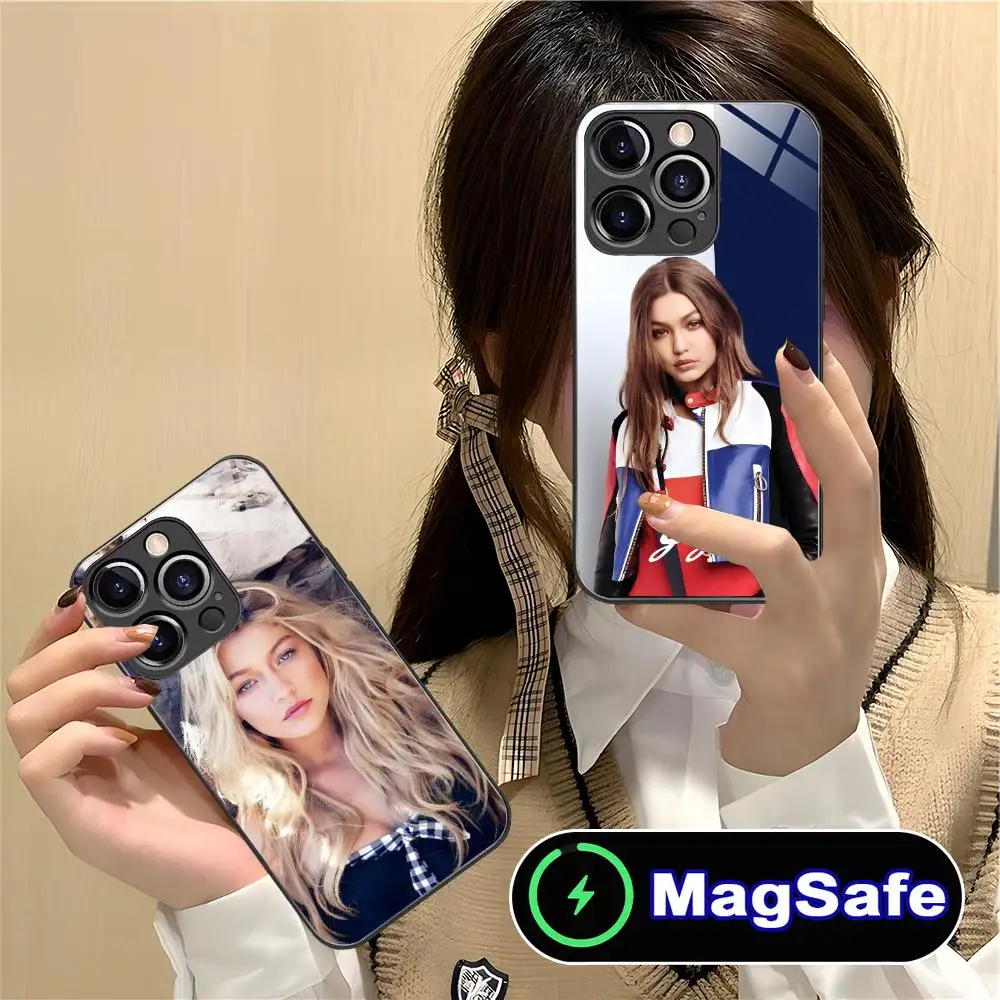 

Чехол Gigi Hadid Glass MagSafe для iPhone 17 16 15 14 13 12 11 Air Pro Max Plus Mini, цветной
