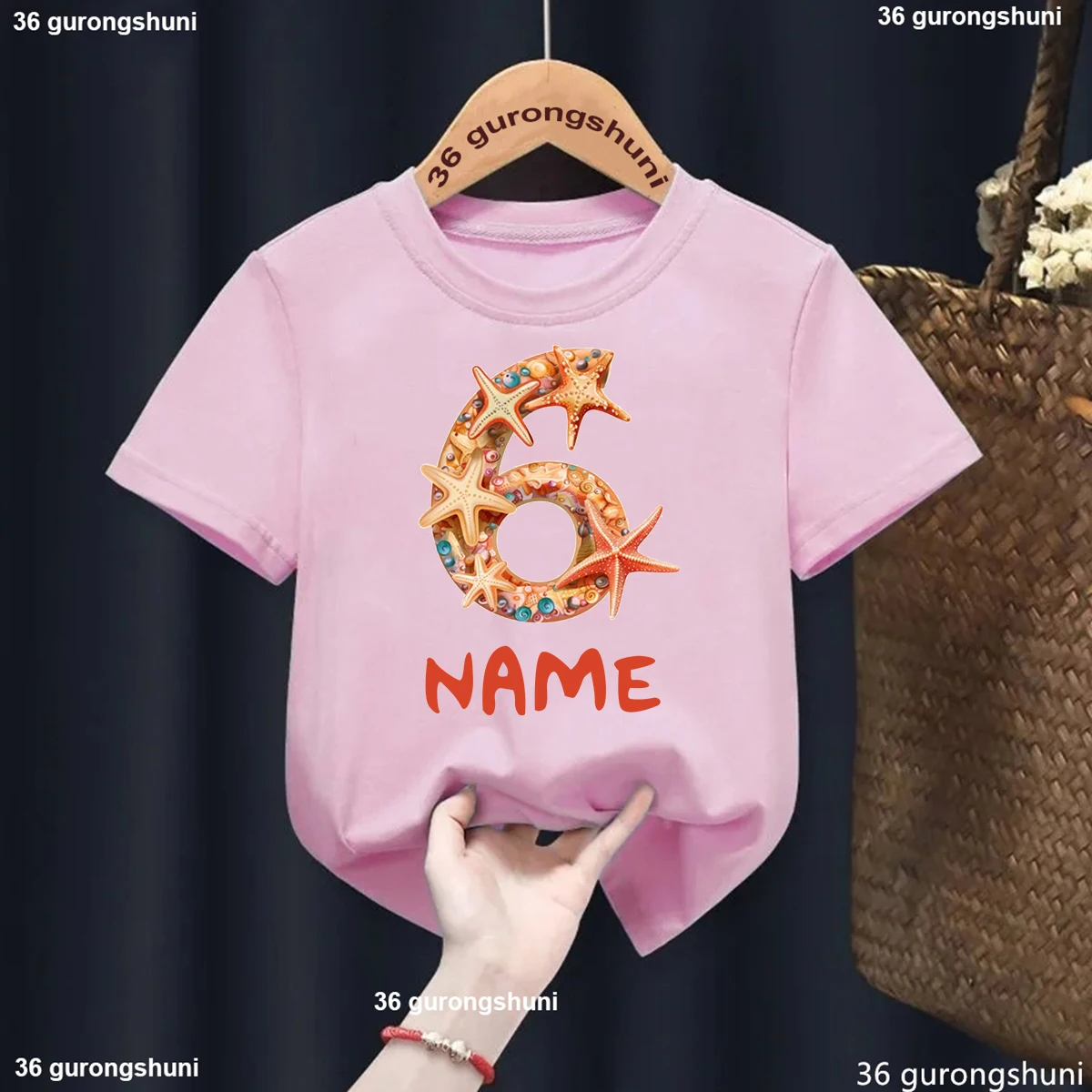 New Girl'S T-Shirt Funny Watercolor Starfish Numbers 1-9 Birthday Tshirt Personalized Name Children Birthday Party Gift Clothes