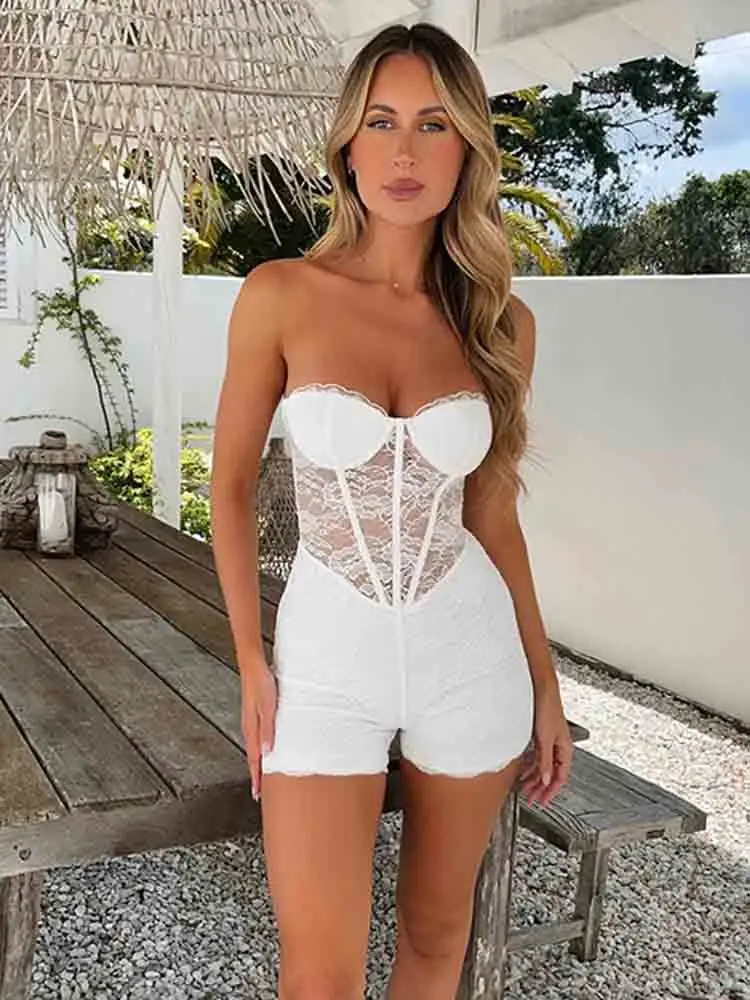 Avrilyaan White Lace Ruffle Summer Playsuits Rompers Women 2024 Thin Hollow Out Holiday Casual Elegant Short Playsuit Homewear