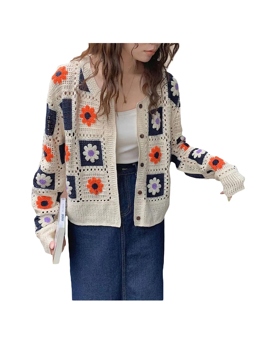 Women Crochet Flower Sweater Long Sleeve Button-down Knitted Cardigan Black Beige Rosy