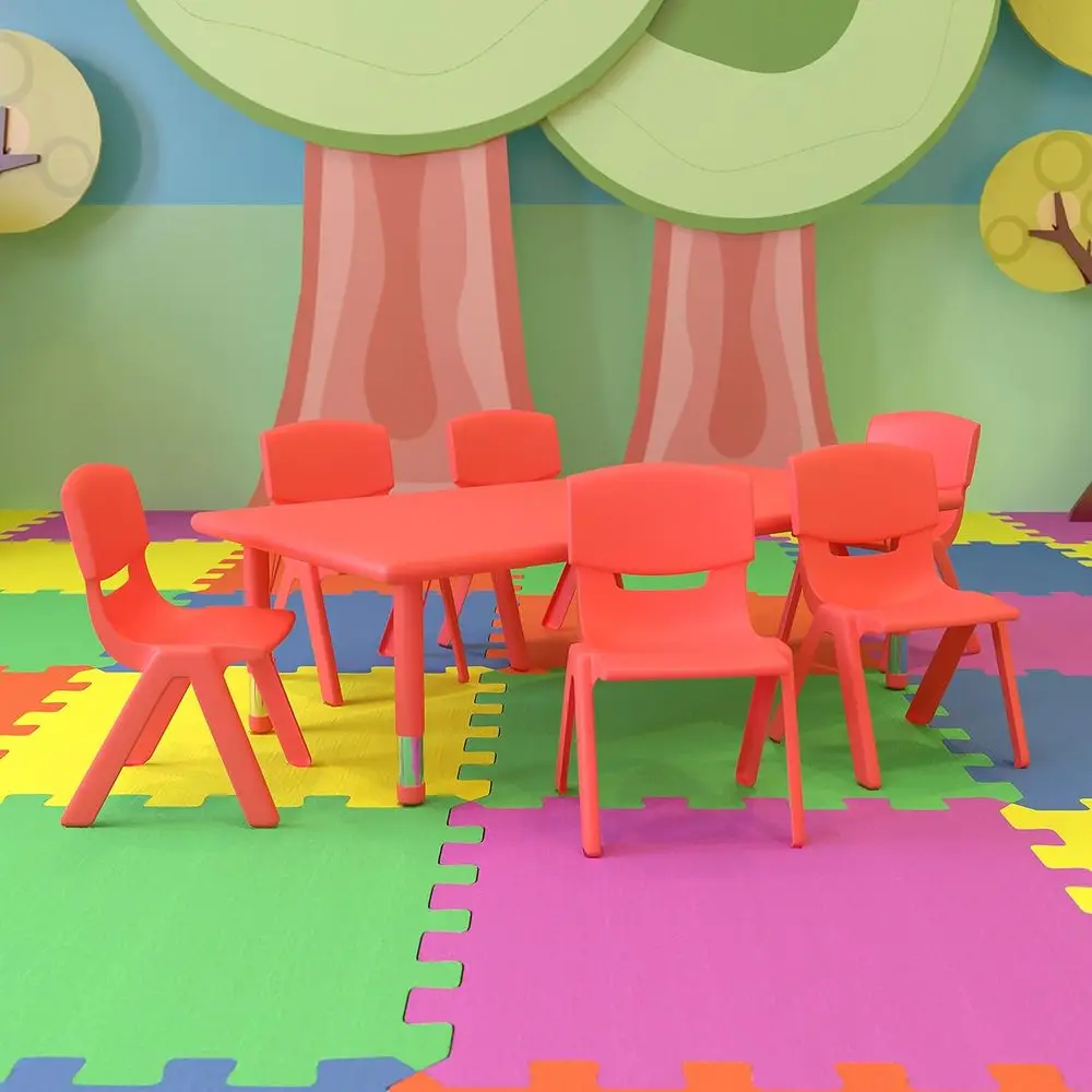 

24 Wide x 48 Long Red Plastic Height-Adjustable Activity Table with 6 Chairs
