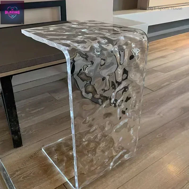 15mm Thick Acrylic Table C-shape Side Table Transparent Water Ripple / Stone Texture End Table Bay Window Small Coffee Tables