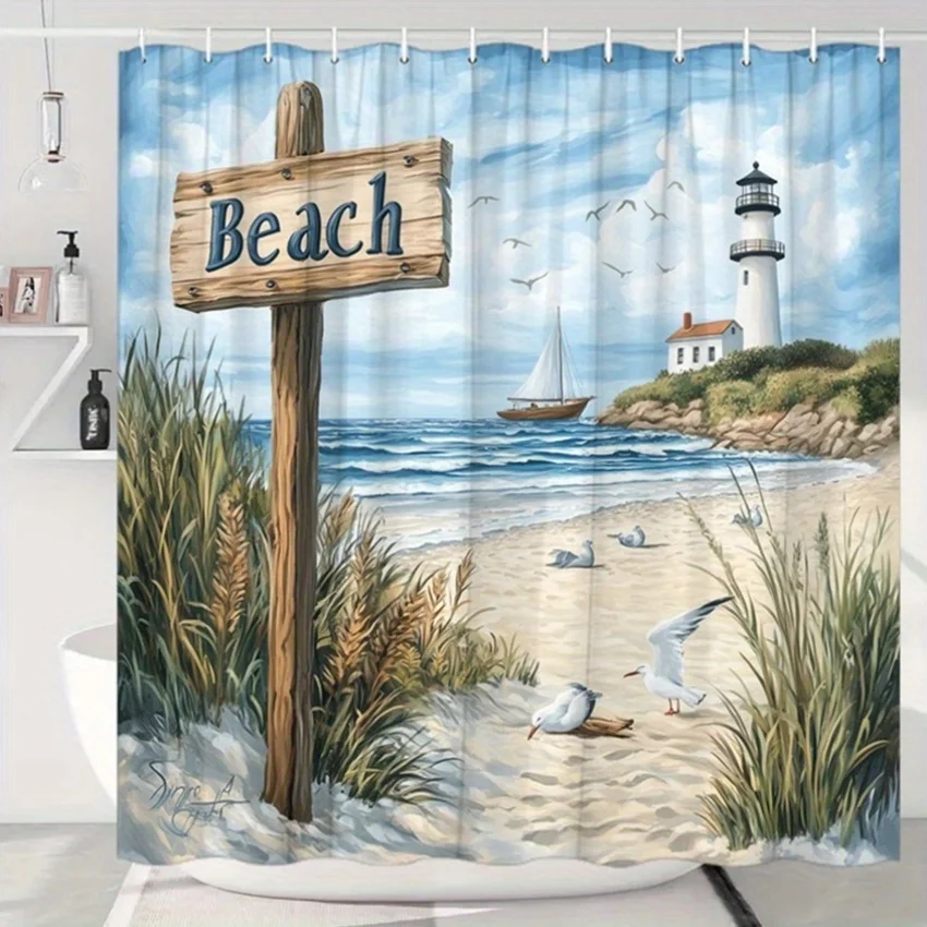 

1 шт. Занавеска для душа с прибрежным пляжем — полиэстер, вид на океан с маяком, чайками и песчаным пляжем, в комплект входит 12 крючков