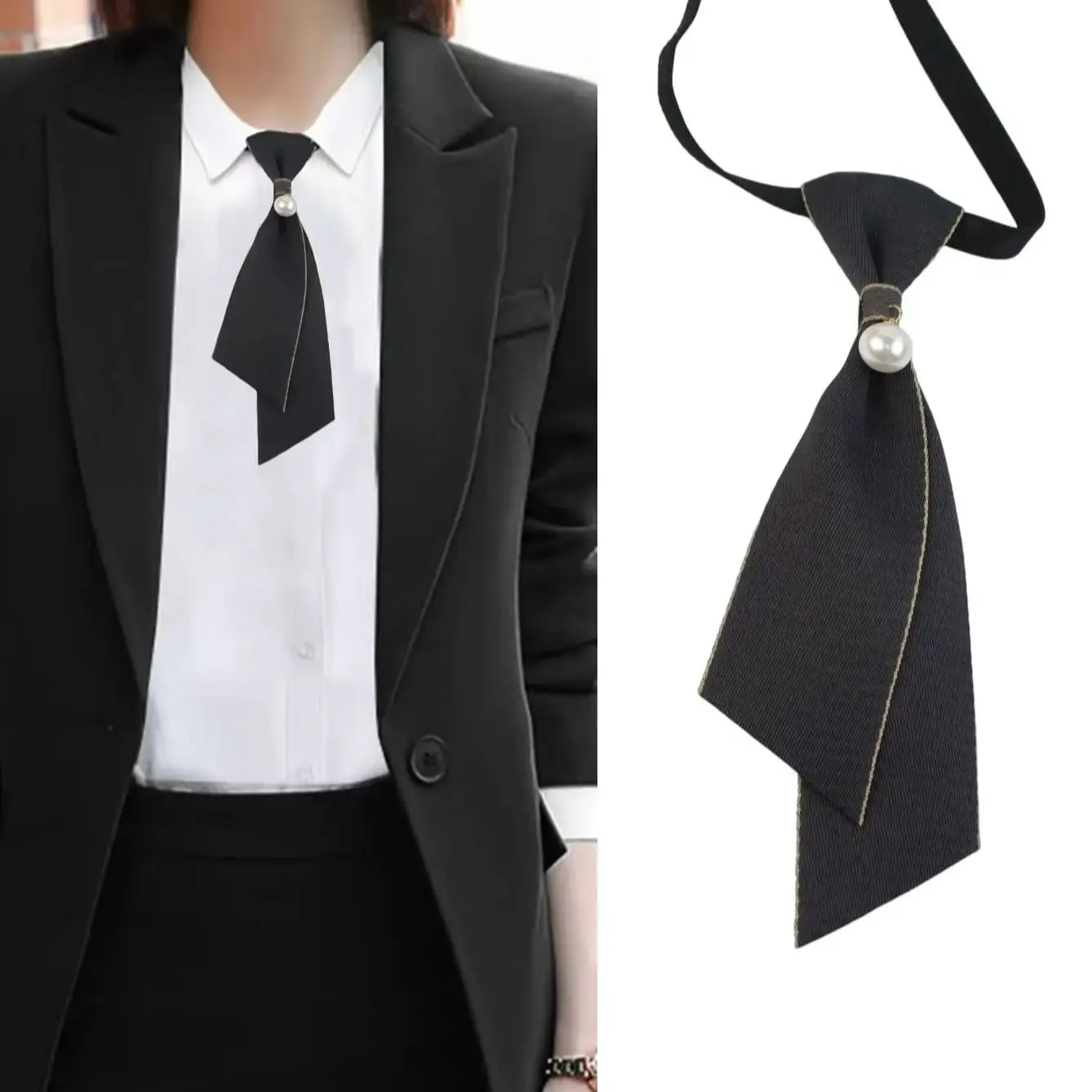 

A handmade pearl-embellished lady's elegant and casual bow tie, a neck accessory suitable for the collars of shirts and suits, a