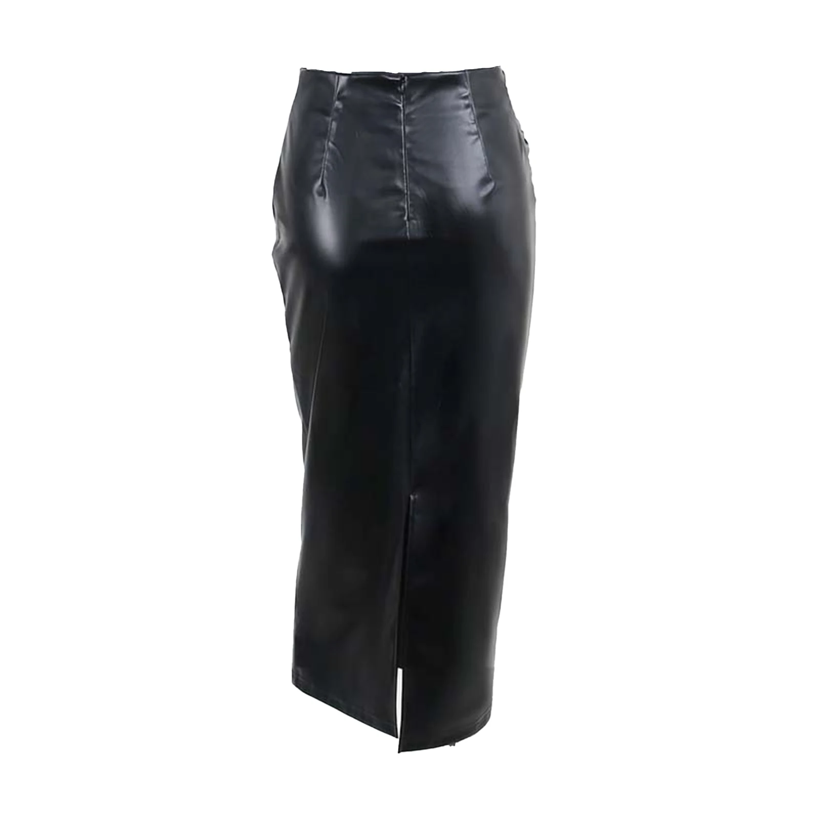 Womens Fashion PU Leather Ruched Bodycon Skirt Zipper Back Slit High Waist Midi Office Pencil Skirts Rave Party Clubwear