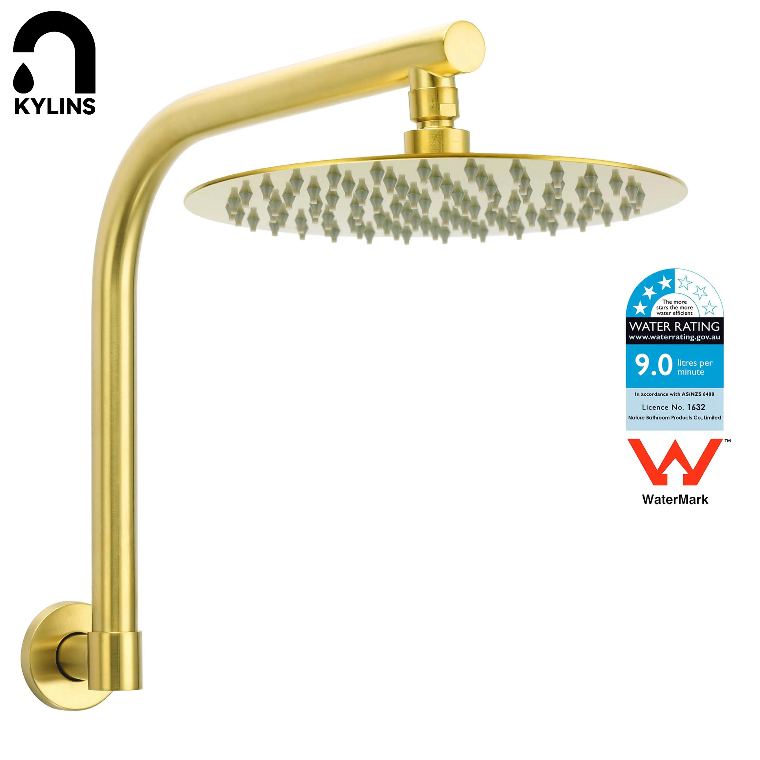 KYLINS Round 8'' 10'' 12'' Rain Shower Head Set with Swivel Gooseneck Wall Mounted Arm Bathroom Shower Set Brushed Gold DIY