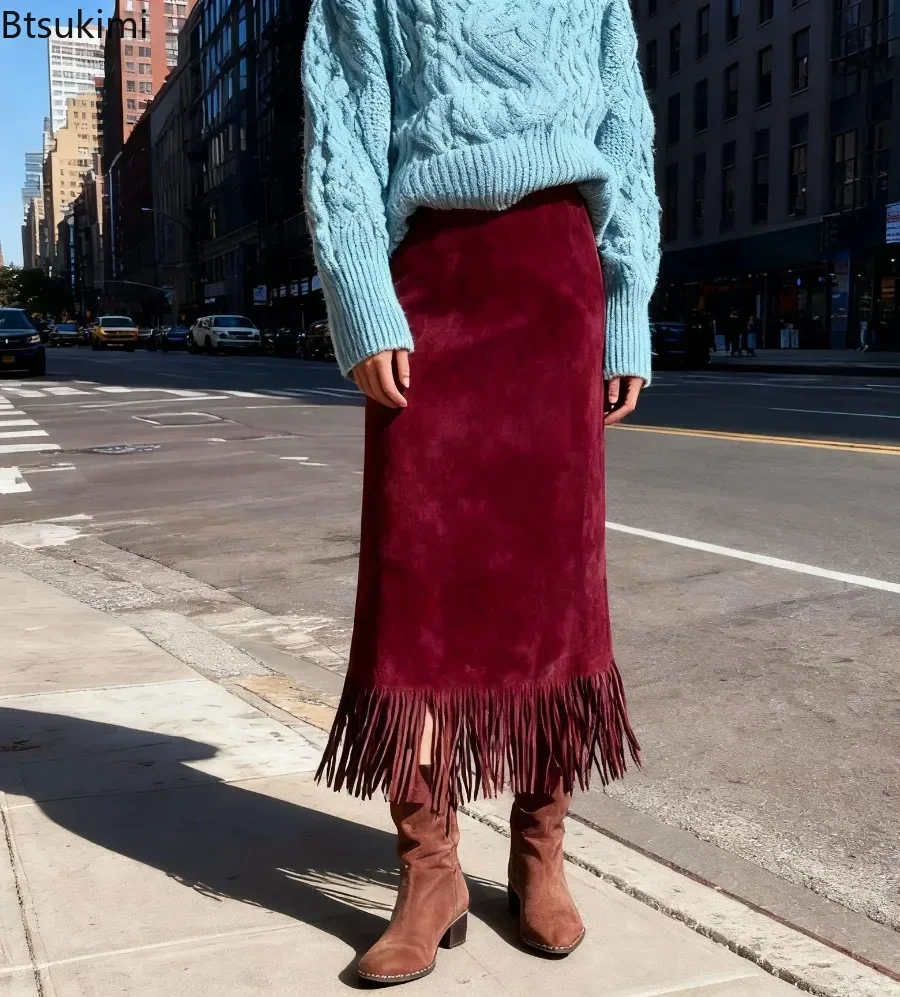 New Women Retro Faux Suede Straight Skirt High Waist Fringe Hem Long Skirt Autumn Winter Elegant Slim High Street Fashion Skirts