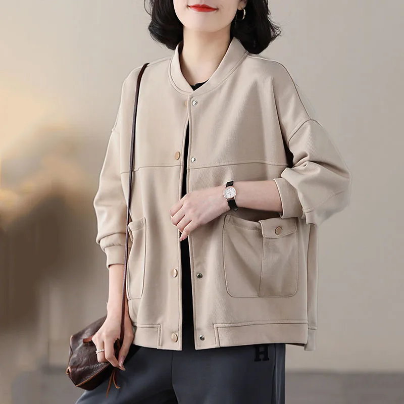 2024 New Spring Autumn Baseball Jacket Women Korean Loose Round Neck Solid Short Sports Coat Female Casual Outerwear Ladies Tops