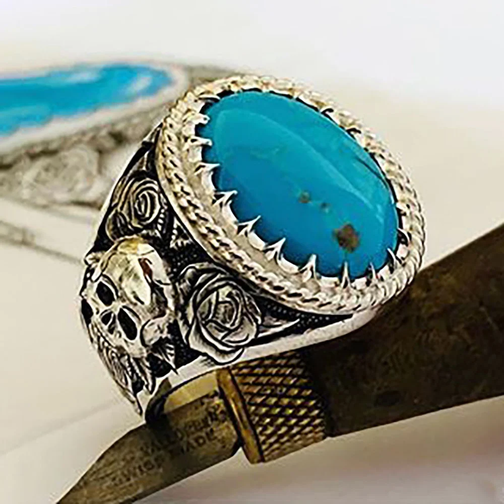 Punk Men's Handmade  Skull & Rose Flower Turquoise Fashion Rings Exquisite Hand Carved High Jewelry  Anniversary  Size US 6-13