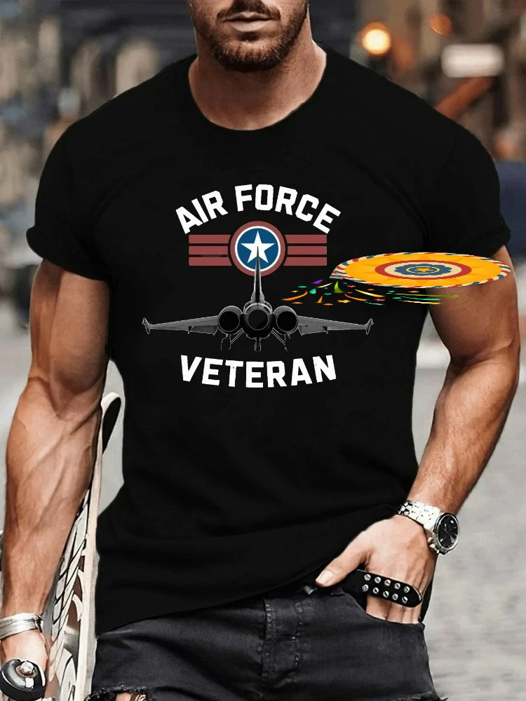 Men's air force veteran pattern, geometric military jet pattern, summer cotton printed round neck short sleeve T-shirt.