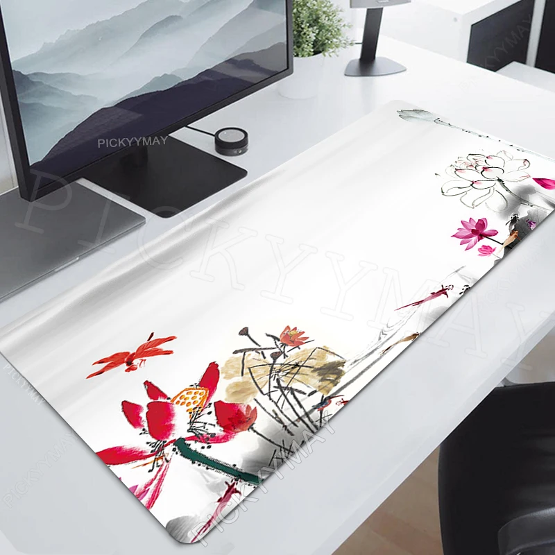 Locking Edge Mouse Mats Large Mouse Pad Chinese Lotus Ink Painting Rubber Mousepads Gamer Mousepad Desk Pads Keyboard Mat 90x40