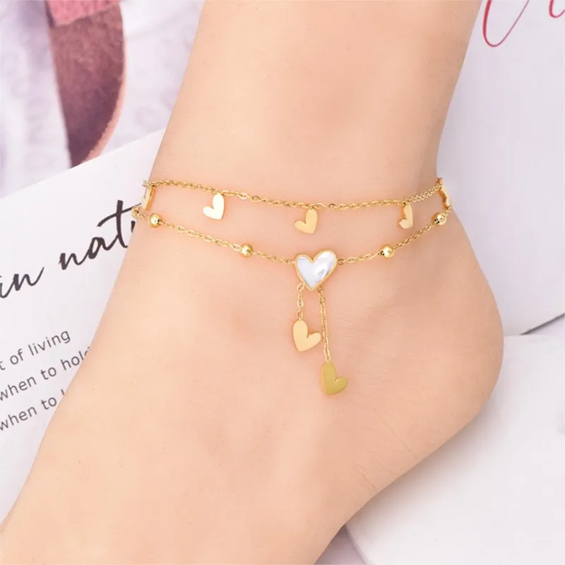 ANENJERY 316L Stainless Steel Double Layer Heart Tassel Ankle Bracelet  for Women Fashion Simple Beach Anklet Jewelry Accessory