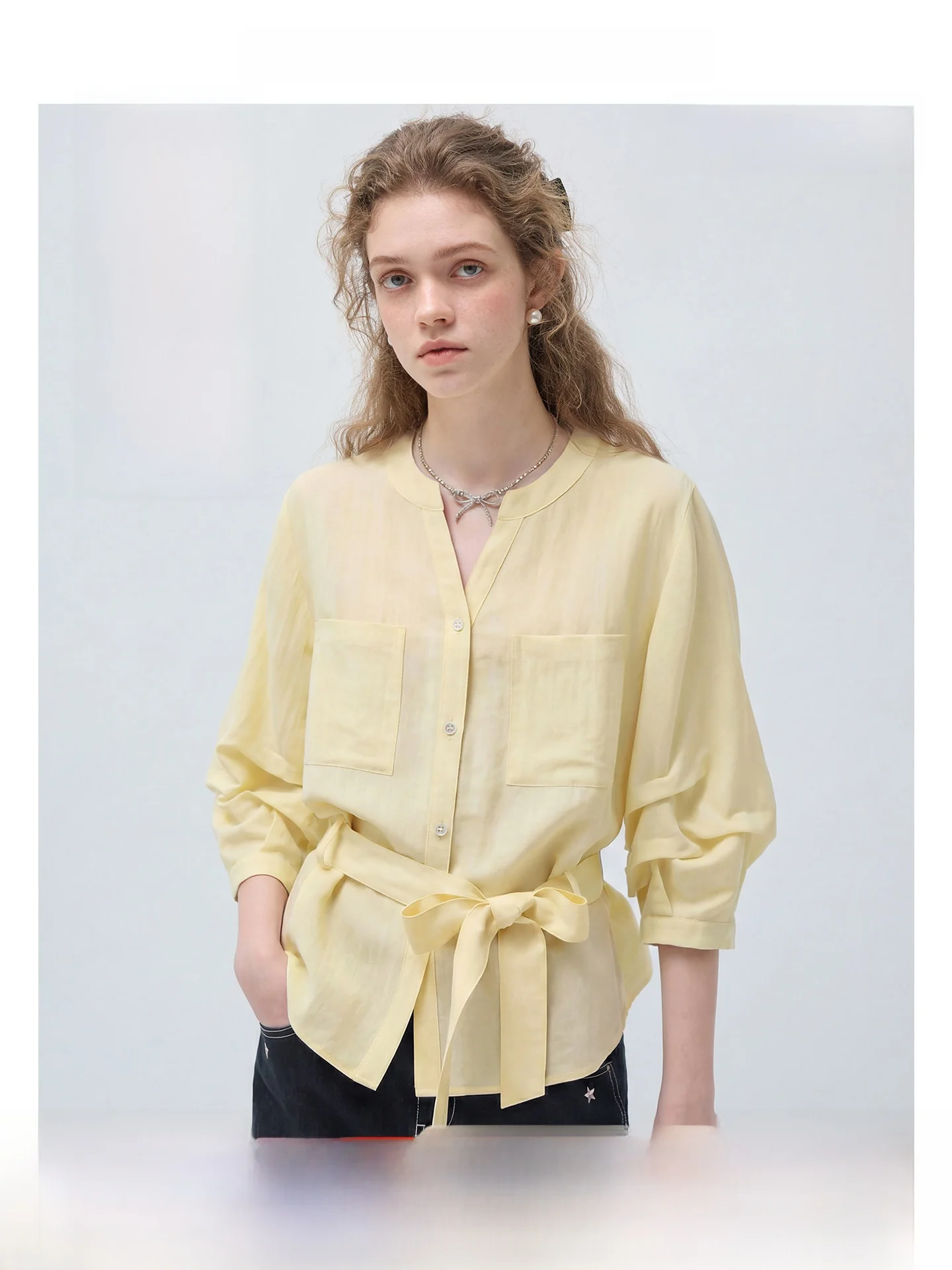 

Желтая женская блузка VEGA CHANG Design Sensation Small ence Lenzing, модный топ для повседневной носки, корейская версия, с рукавом 3/4