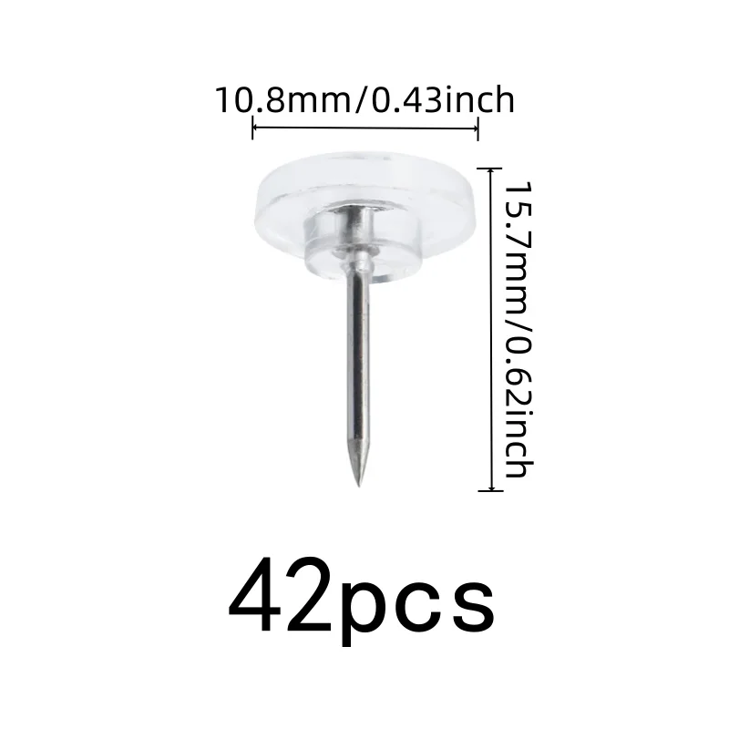 Compact Discrete Design Flat Top Map Pins, 42 pcs, Office Bulletin Board, Transparent Flat Head for DIY Decoration Wall