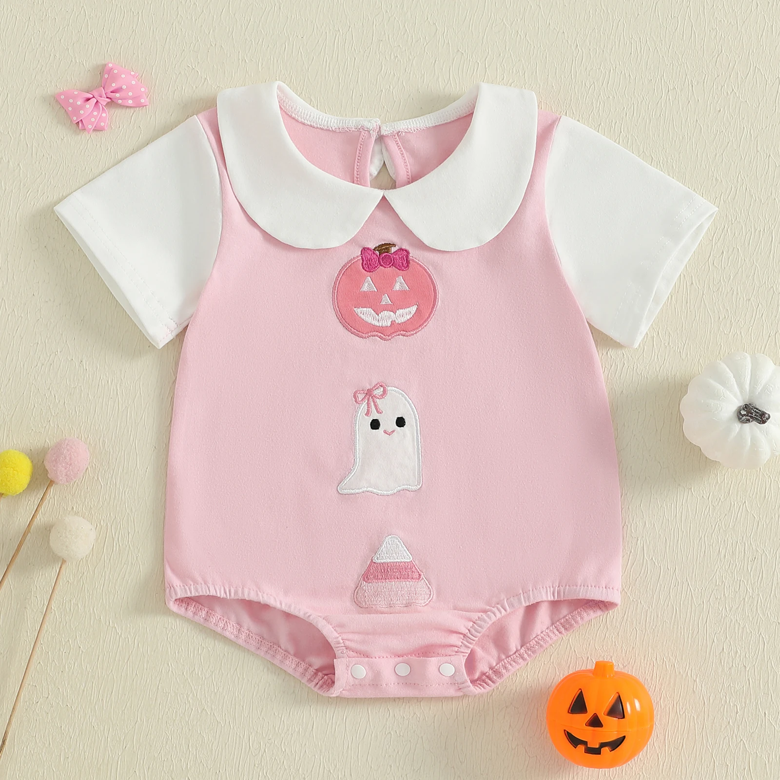 

0-24M Infant Baby Girl Halloween Bodysuit Short Sleeve Doll Collar Pumpkin Embroidery Romper Newborn Cute Playsuit Clothes