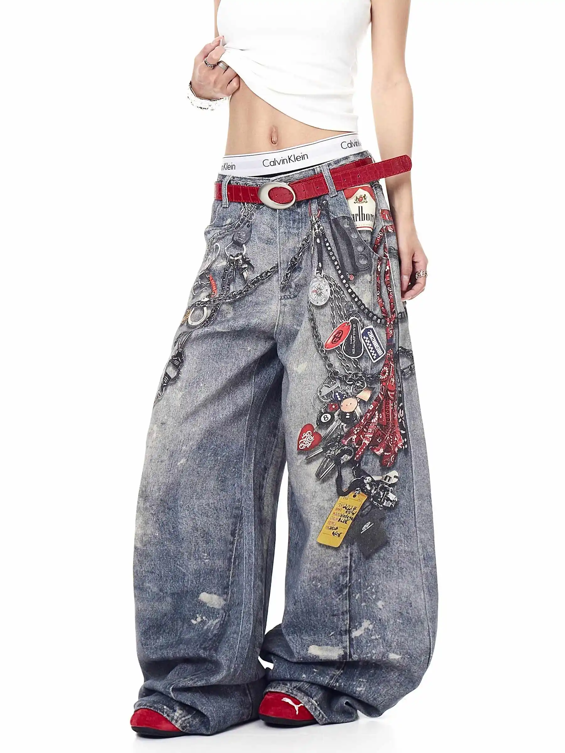 Y2k feminino baggy graffiti impressão jeans harajuku vintage denim calças japonês 2000s estilo oversize hip hop calças jeans roupas