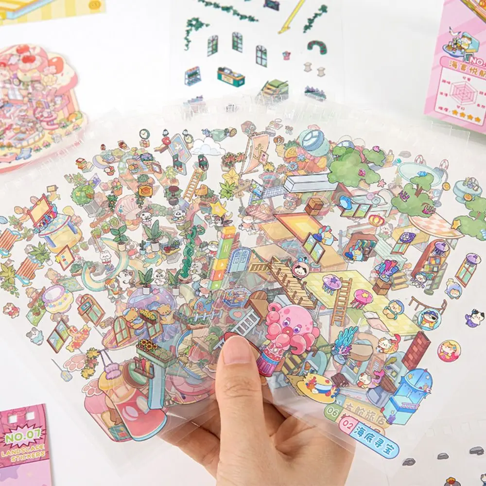 

10-in-1 Miniature Landscape Sticker Collection PET Decompression DIY Cabin Scene Sticker Cartoon DIY Game Stickers Boys/Girls