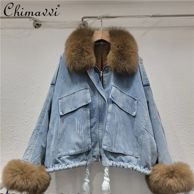 الراقية الفراء الحقيقي طوق الدنيم سترة المرأة مبطنة بالصوف سميكة الشتاء الكورية موضة فضفاضة Batwing كم معطف القطن الدافئ