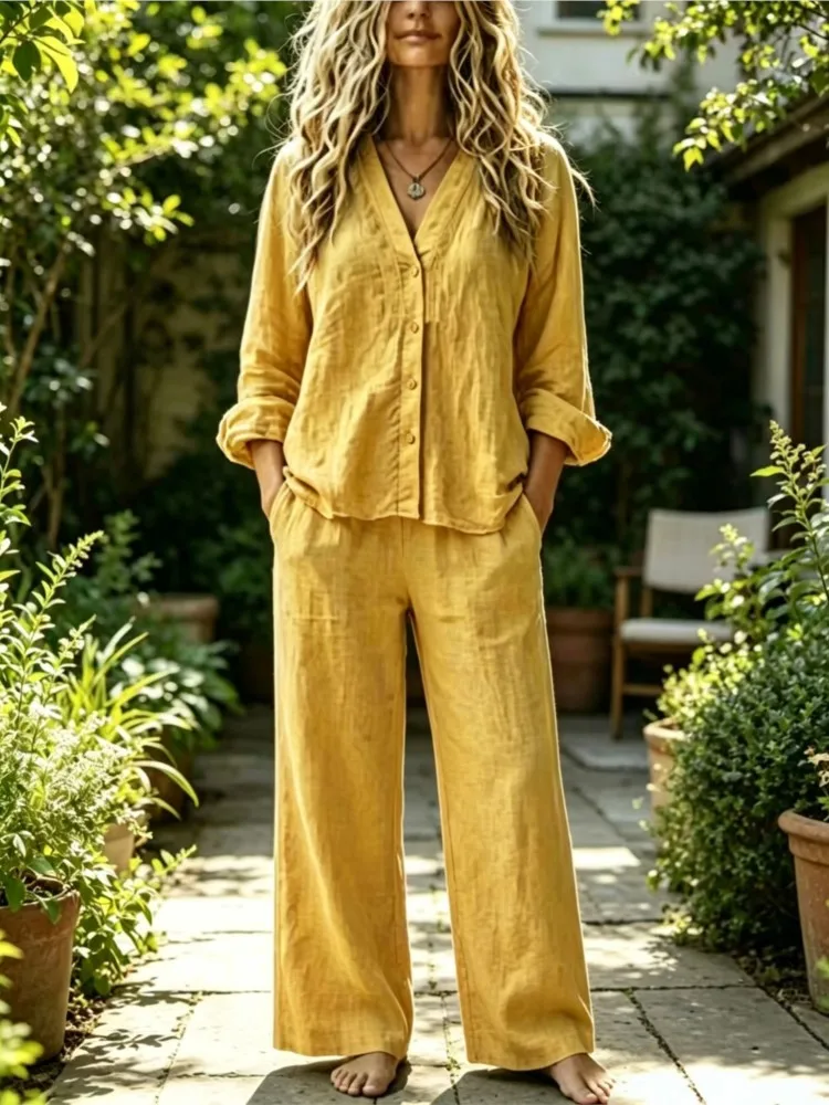 

Spring Autumn Loose Cardigan Shirt Top + Long Pants Two-piece Set Women Casual V-neck Shirt Pocket Straight Wide Leg Pant Suit