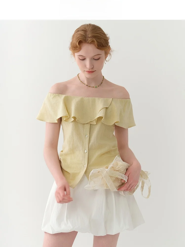 

Slim Fit Women's irt Jiujiu Sweet Sle Ruffle Hem ort Sve Square Collar Pure Color Summer 2025 New Arrival Ele Wa...