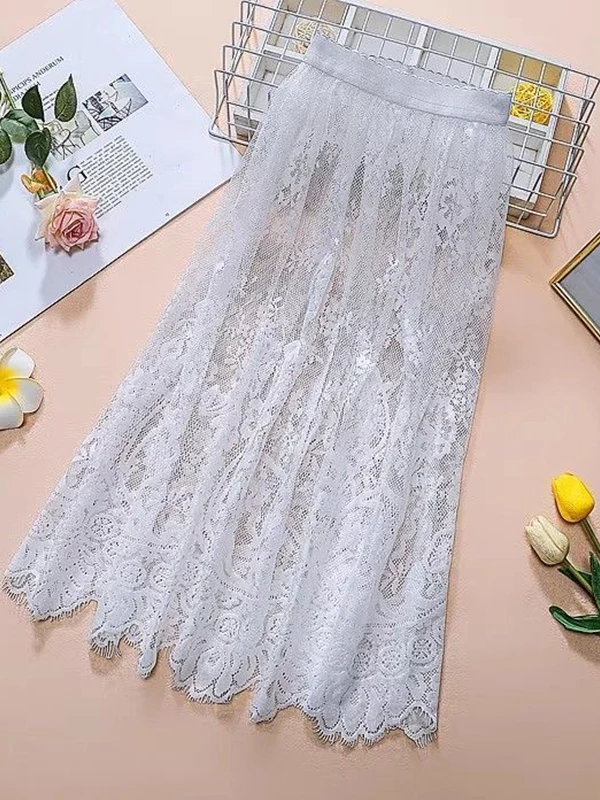 

Lace Mesh Half Skirt Elastic Waist Base Long Skirt One Layer Lace Cover up Skirt Overlap under Skirt mid Length a Line