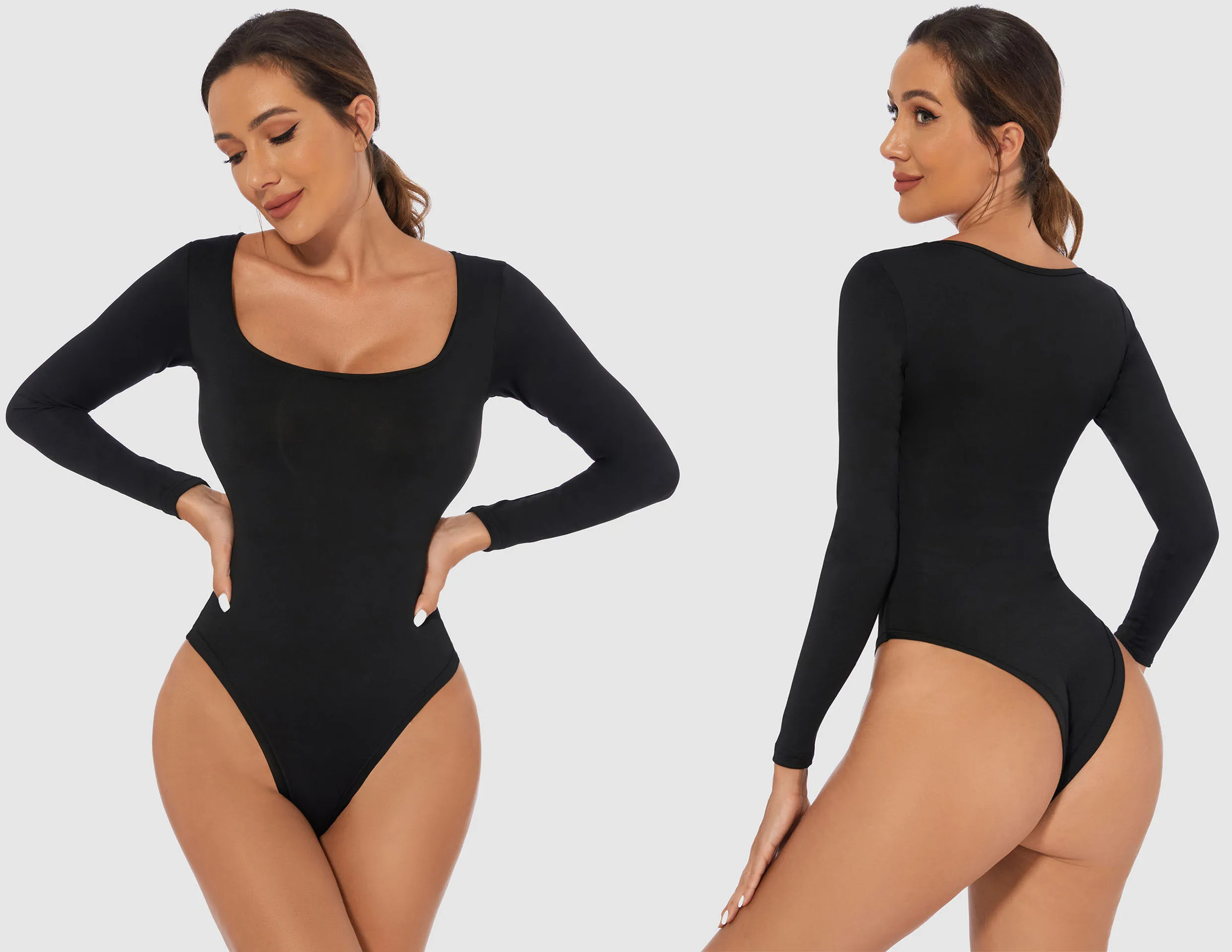 

2024 New Women Autumn Long Sleeve Bodysuit Shapewear Seamless Body Sculpting Shaper Tummy Control Slimming Square Neck Tops