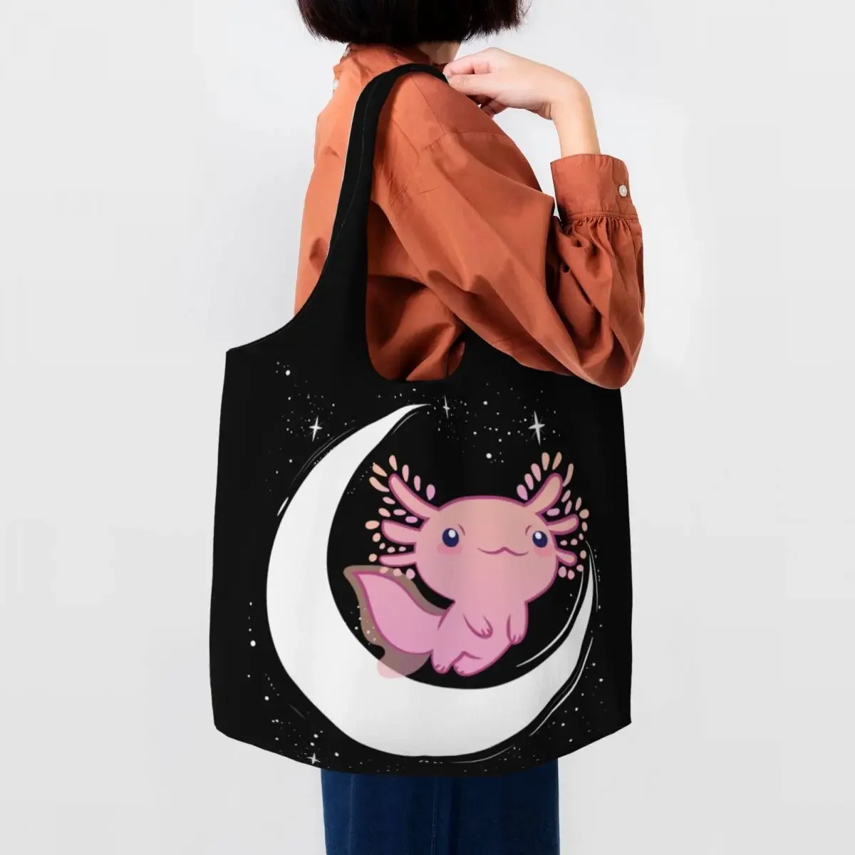 

Recycling Cute Axolotl On The Moon Shopping Bag Women Shoulder Canvas Tote Bag Washable Salamander Animal Groceries Shopper Bags