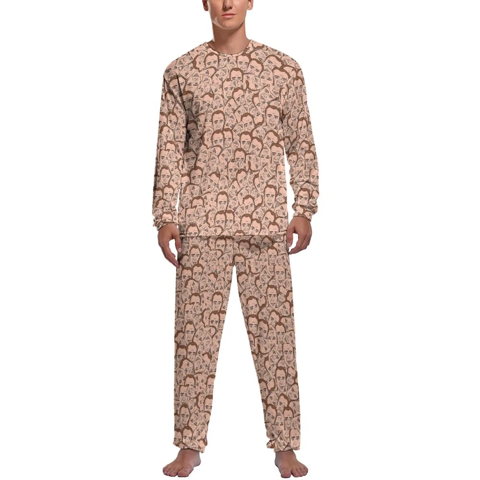 Funny Nicolas Cage Pajamas Men Nicholas Faces Elegant Sleepwear Autumn Long Sleeve 2 Piece Casual Graphic Pajamas Set