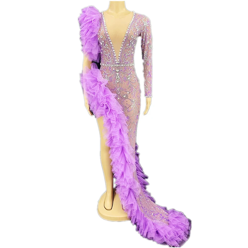 Women Purple Rhinestones Crystal Dress Gauze Wrap Hips Dance Singer Host Drag Queen Costume Birthday Party Prom Celebration