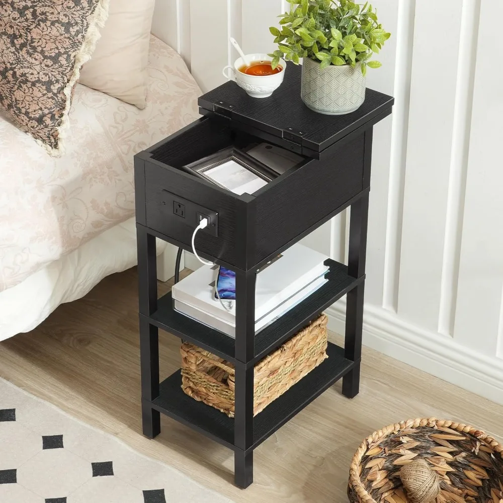 End Table with Charging Station, Flip Top Bedside Table with USB Ports, Narrow Nightstand with Storage Shelves, for Small Space