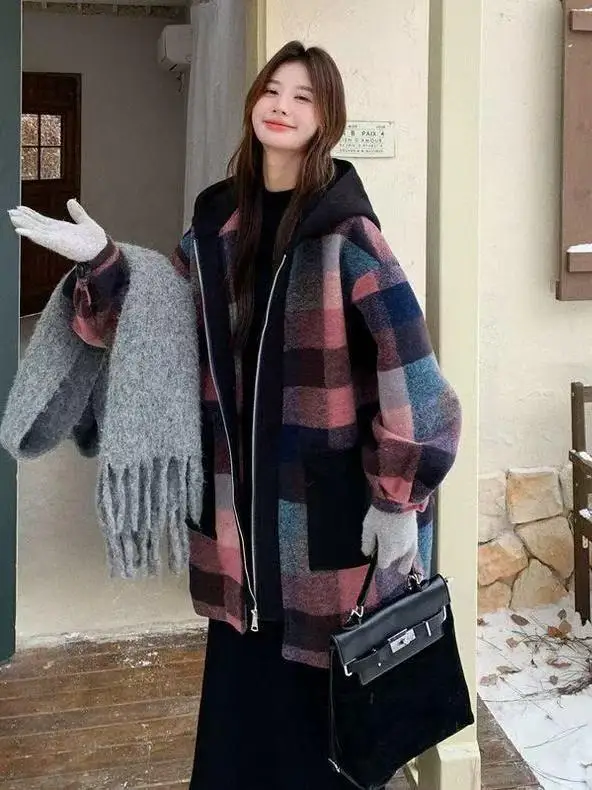 

plus Size Women's Plaid Zipper Jaet Loose Fit Korean Sle Autumn Winter Coat Sweet Sle 300 Pou Capaci