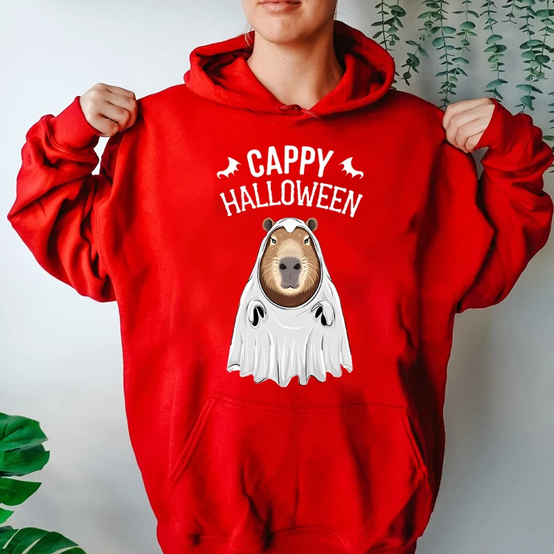 Cappy Capy Halloween Capybara Kawaii Ghost Print para mujer, sudaderas con capucha, suéter de terciopelo, Tops sueltos, Otoño e Invierno